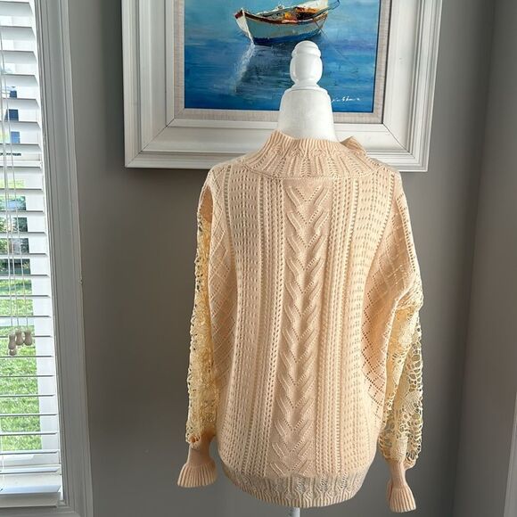 Boho Cream Yellow Fall Crocheted Lace Turtleneck Sweater medium - Picture 8 of 13